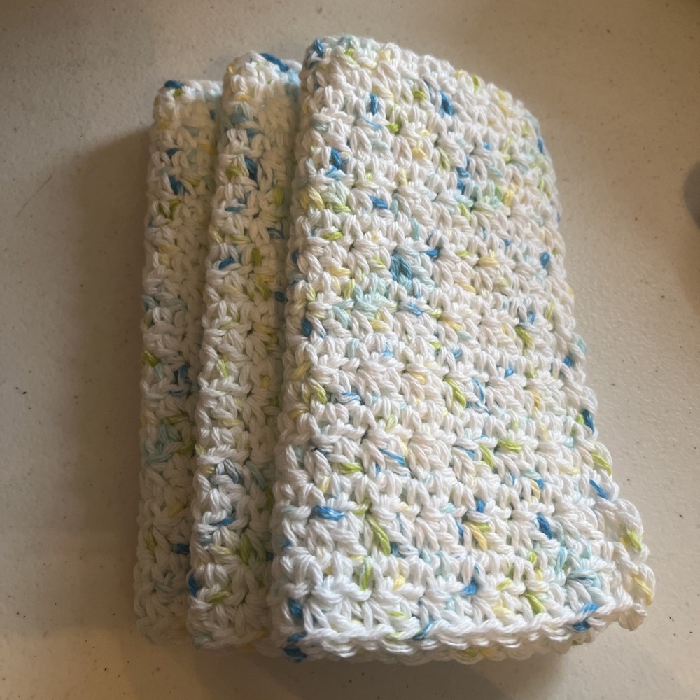 3 Piece Set 100% Cotton Handmade White With Blue, Yellow Wash Clothes Dish Cloth